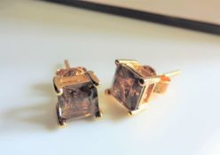 Gold on Sterling Silver 4ct Smokey Quartz Stud Earrings New with Gift Box