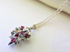 Sterling Silver Ruby Floral Cluster Necklace New with Gift Box