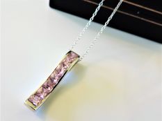 Sterling Silver 6ct Pink CZ Pendant Necklace New with Gift Pouch