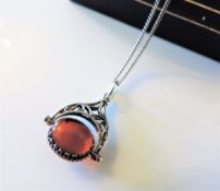 Vintage Silver Spinning Amber Fob Pendant Necklace with Gift Box