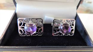 Sterling Silver 6 ct Cabochon Amethyst Cufflinks with Gift Box