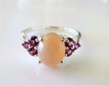 Sterling Silver 3ct Peach Cabochon Moonstone & Tourmaline Ring New with Gift Box