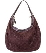 GUCCI Suede Leather Monogram Hobo Shoulder Bag