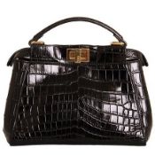 FENDI Fendi Peekaboo Crocodile Mini Black Shoulder Bag