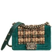 CHANEL Chanel Boy Small Cc Flap Green Quilted Tweed Shoulder Bag