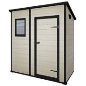 (P) 1x Keter Pent Manor 4x6. (L183.5x W111x H200.5cm). Item Still Factory Banded, With Box Open At
