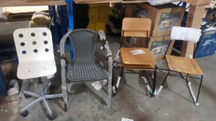 (3G) 5x Mixed Chairs. 3x Stackable Metal / Wood. 1x Eloise Bistro Chair Black. 1x White Swivel Chai