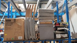(2M) Contents Of Shelf – 10x Mixed Items. 2x Laura Spindle Back Chairs Pale Blue (H89x W46x D46cm).