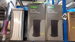 (2P) 3x Items. 2x 30L Soft Close Pedal Bin Black. 1x 30L Soft Close Rectangular Bin Matt Chrome.