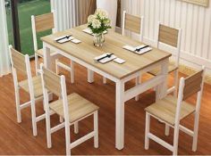 Large rectangular wooden dining table plus 4 chairs in mid brown/ white 13444.Brand new & boxed. Woo