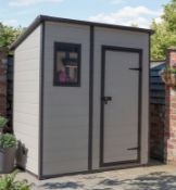 (P) 1x Keter Manor Pent Shed 6x4 RRP £375. (W183.5x D111x H200.5cm). Unit Factory Banded With Dama