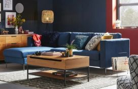 (P4) 1x Donna Deco Left Hand Corner Sofa Blue RRP £600. 3 Seater Chaise End Left Hand Facing Sofa.