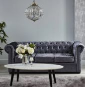 (P8) 1x Chesterfield Velvet 3 Seater Sofa Anthracite RRP £550. (Contents Appear As New With Leg Box