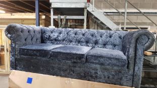 (P15) 1x Chesterfield Velvet 3 Seater Sofa Petrol Blue RRP £550. Unit Appears Clean, As New. (Pleas