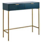 (2I) 1x House Beautiful Trixie 2 Drawer Console Desk Blue RRP £99. Gloss Finish, Gold Effect Frame