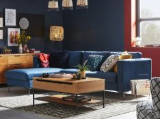 (P17) 1x Donna Deco Left Hand Corner Sofa Blue RRP £600. (H)85 x (W)255 x (D)92/170cm. (2x Boxes In