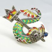 A silver plique-à-jour fish and trident pendant / brooch pendant with sapphire, ruby and marcasites