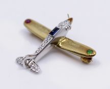 Diamond & Semi Precious Stone Set Gold Aeroplane Brooch