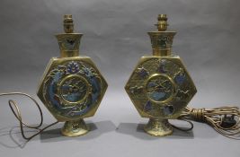 Pair of 19th c. Japanese Enamelled Brass Moonflask Table Lamps