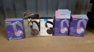(13b) 5x Mixx Headphones. 3x OX1 On Ear Wired Headphones Purple. 1x OX2 Wireless Headphones. 1x JX1