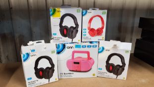 (13b) 5x Onn Items. 3x Onn Podcasting Headset. 1x CD Boombox Pink. 1x Wireless Headphones Red (New,