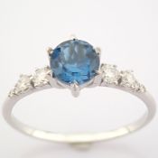 IDL Certificated 14K White Gold Diamond & London Blue Topaz Ring (Total 1.04 Ct. Stone)
