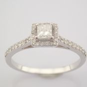 IDL Certificated 14K White Gold Princess Cut Diamond & Diamond Ring (Total 0.37 Ct. Stone)