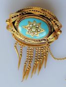 A Victorian yellow metal, turquoise and seed pearl brooch with tassels, unmarked, 6 x 4 cm, 16.4g