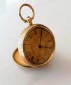 A fin de siècle key-wind gold fob watch with embossed decoration, Roman numerals, dial 35mm, brass