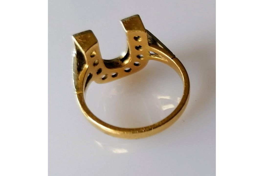 A mid-century yellow and white gold horseshoe-shape ring with pave-set diamond decoration, - Image 2 of 2