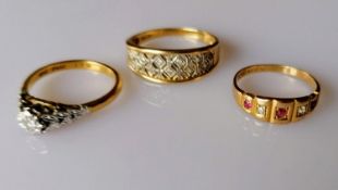 An illusion-set platinum and 18ct gold solitaire ring, 3.69g and two gem-set rings, both