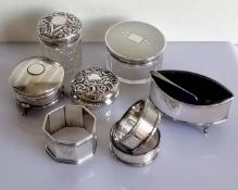 Two silver topped jars, two trinket boxes, an oval salt with blue glass liner and three (initialled)