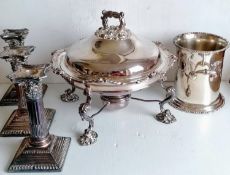 A Victorian silver plated food warmer with burner, crested, 27 cm diameter, a wine cooler, 15.5 cm