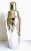 An Art Deco silver plated mechanical menu cocktail shaker with pull-off lid and strainer, 27 cm,