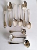 A pair of George III bright cut table spoons, London 1787, maker's mark rubbed, each 21.5 cm, a