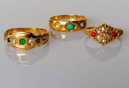 An 18ct yellow gold gypsy ring of tapering form, , 2.39g; a 15ct yellow gold ring with seed pearl