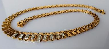 A mid-century bib necklace with graduating links with diamond decoration, 44 cm, indistinct marks,