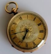 A late 19th century key-wind French fob watch with gold etched case, Roman numerals, dial 38mm,