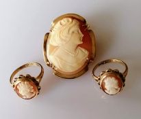 An oval cameo brooch, unmarked with a pair of matching cameo rings, hallmarked, sizes M1/2, O1/2,
