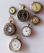 A late 19th century French silver-cased fob watch with Roman numerals, etched decoration, key