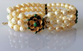A mid-century pearl, gold and turquoise cuff bracelet with floret clasp, hallmarked 9ct, 17.5 cm