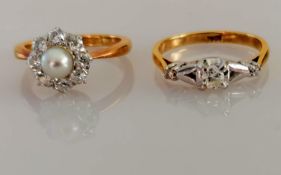 A pearl and diamond floret ring, each of the eight diamonds approximately 0.075 carats, size K, 4.