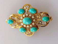 A mid-century pearl, turquoise and gold oval brooch, 50 x 35mm, unmarked, tests for high quality