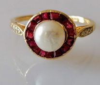 A vintage pearl, ruby and diamond ring, with a central 6mm pearl, surrounded by calibre-cut rubies