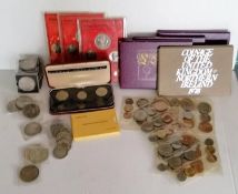 A selection of British George V, VI half-crowns, 1953 five-shilling coins, Churchill 1964 coins,