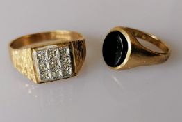A mid-century gold platform ring with diamond decoration and a gold and onyx ring, both hallmarked