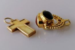 A 9ct gold oval jade, carnelian and black onyx swivel fob pendant, hallmarked and a yellow gold