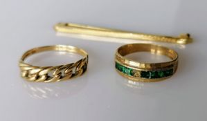 Two 9ct gold rings, (stone missing from one), sizes Q, N, both hallmarked and a tie pin, stamped