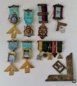 An assortment of silver gilt Masonic medals and badges with ribbons, all hallmarked. Gross weight