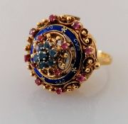 A mid-century ruby, topaz and enamel cocktail watch ring with Swiss manual movement by Rox on an